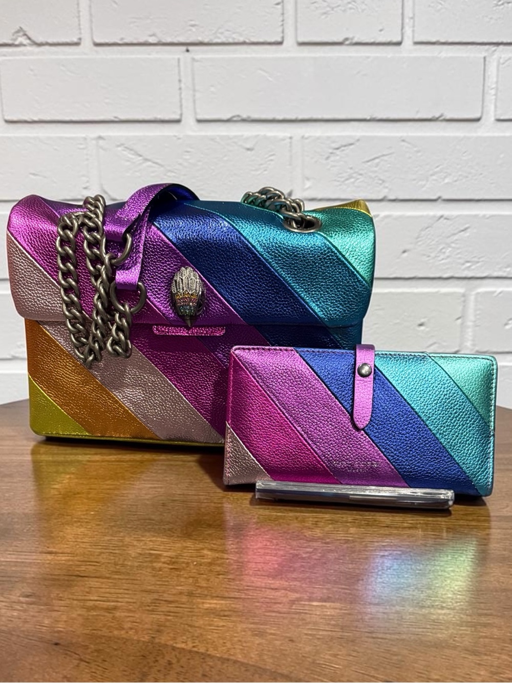 Kurt Geiger Kensington Metallic Rainbow Striped Leather Crossbody + Wallet NWOT